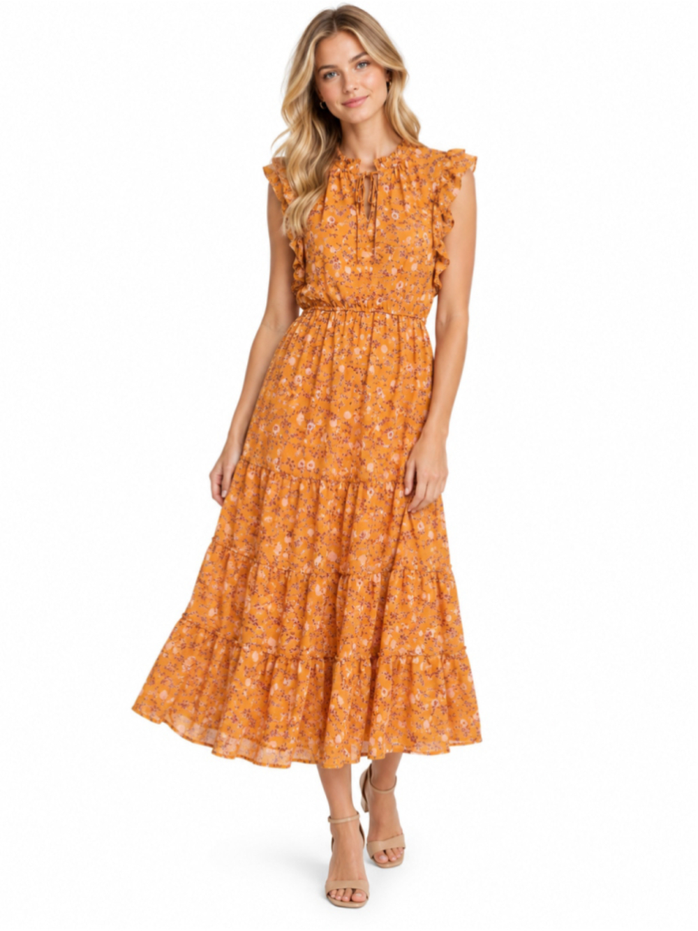 BB Dakota Midi Dress Size M Orange Brown Floral Ruffle Tiered